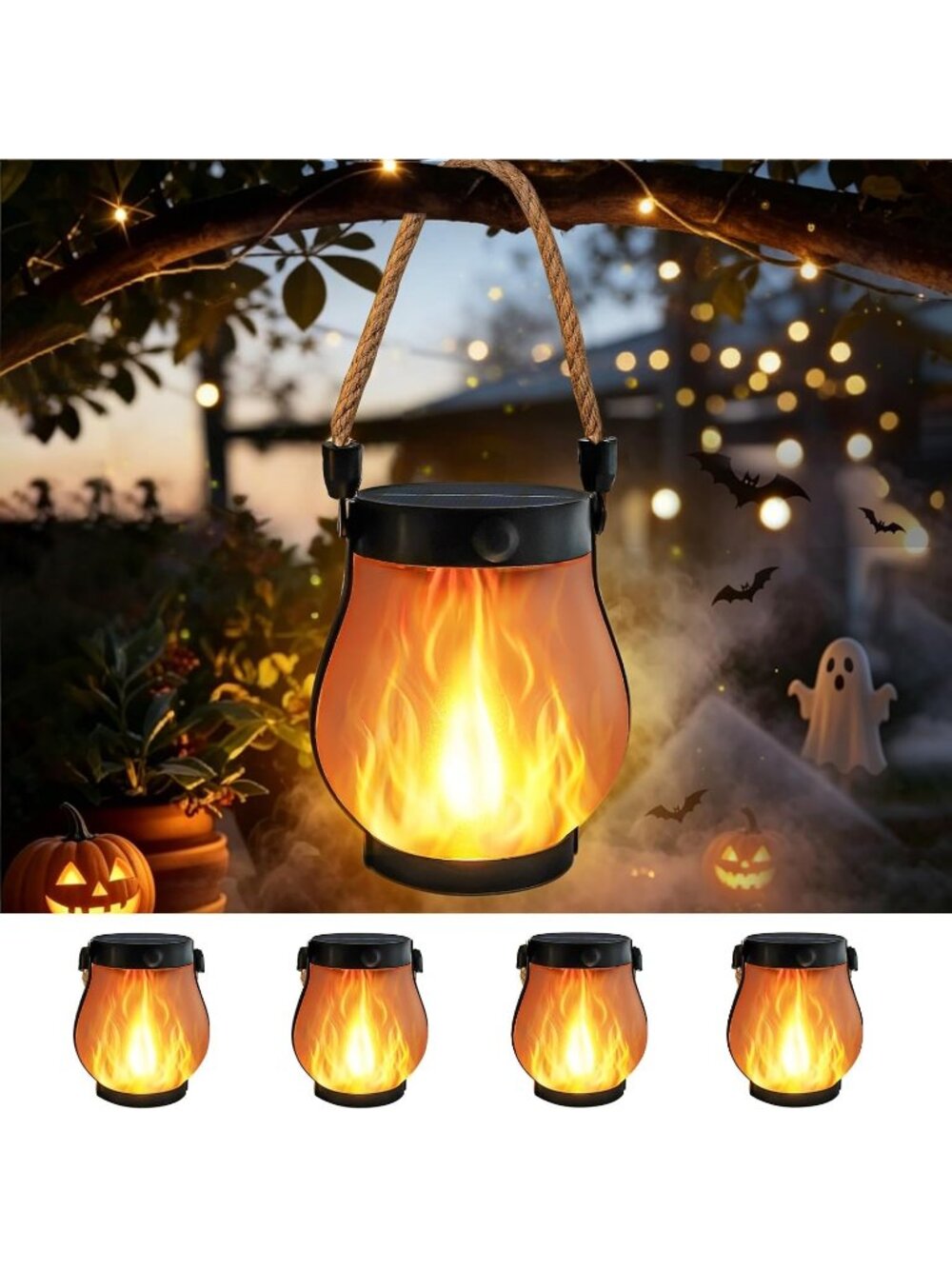 🎃Halloween Orange Flame Light Lanterns Outdoor Waterproof Hanging Auto On/Off